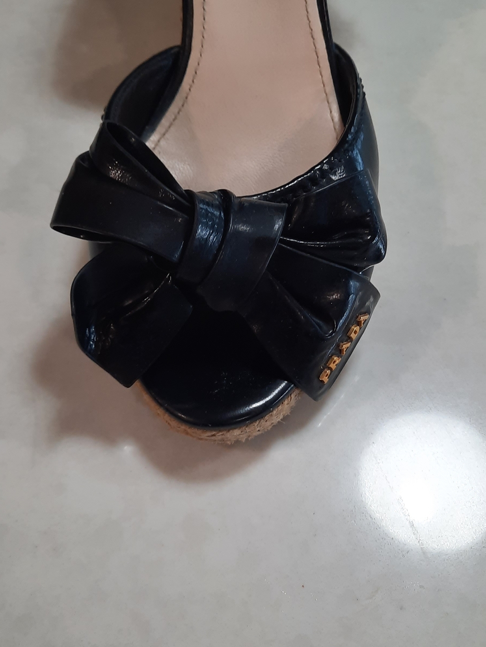 Prada Black Leather Bow Wedge Espadrilles - Picture 2 of 6